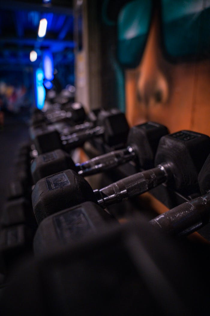 A row of black dumbbells in a gym with a modern and creative atmosphere.