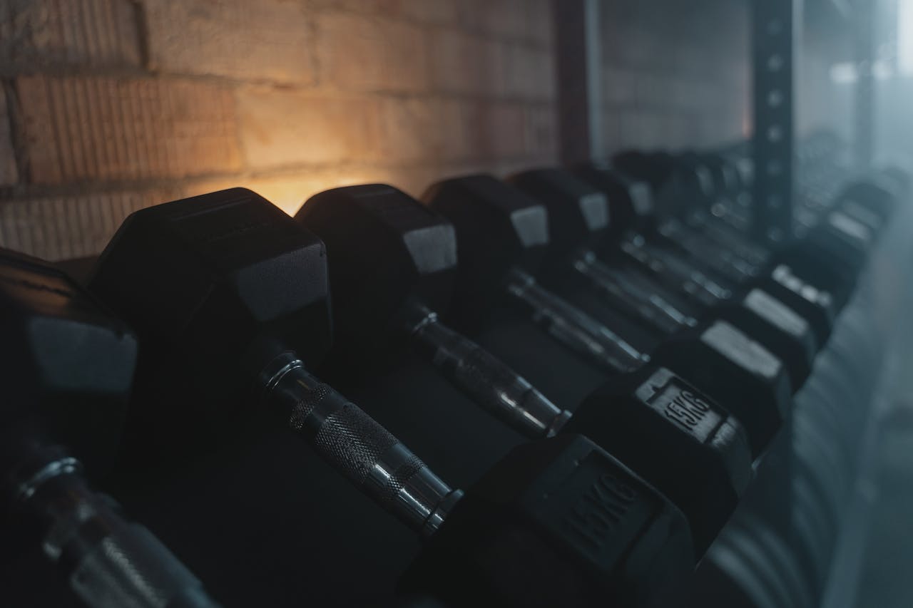 Close-up of dumbbells arranged on a rack in a dimly lit gym setting.